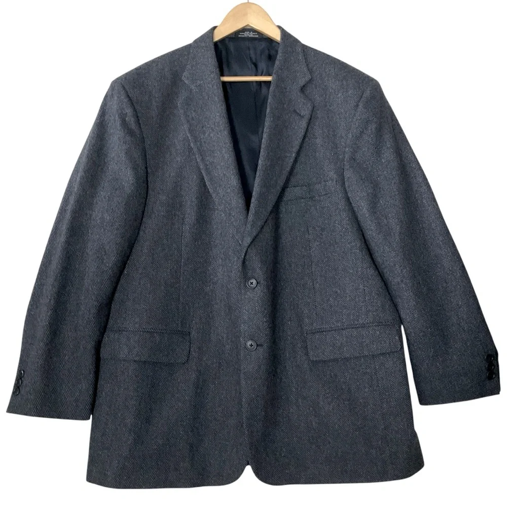 TOWNCRAFT Mens Herringbone Wool Jacket Blazer Lined Pockets Still Closed Dk Blue